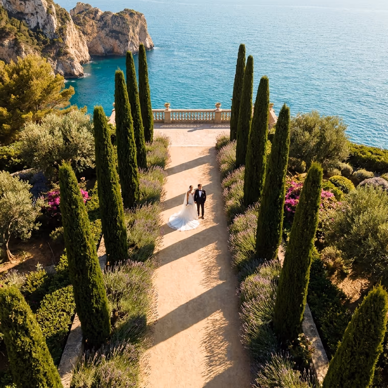 Aerial drone photo of the newlyweds in a seaside garden